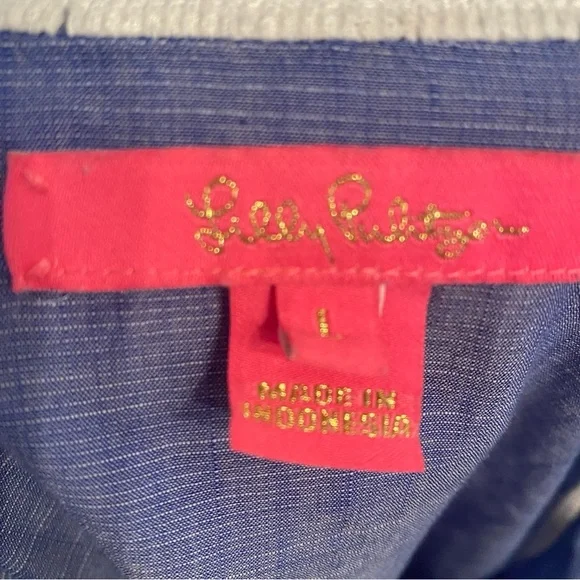 Lilly Pulitzer Blue Chambray Bell Sleeve Top with Lace Trim – Size L - Picture 6 of 7